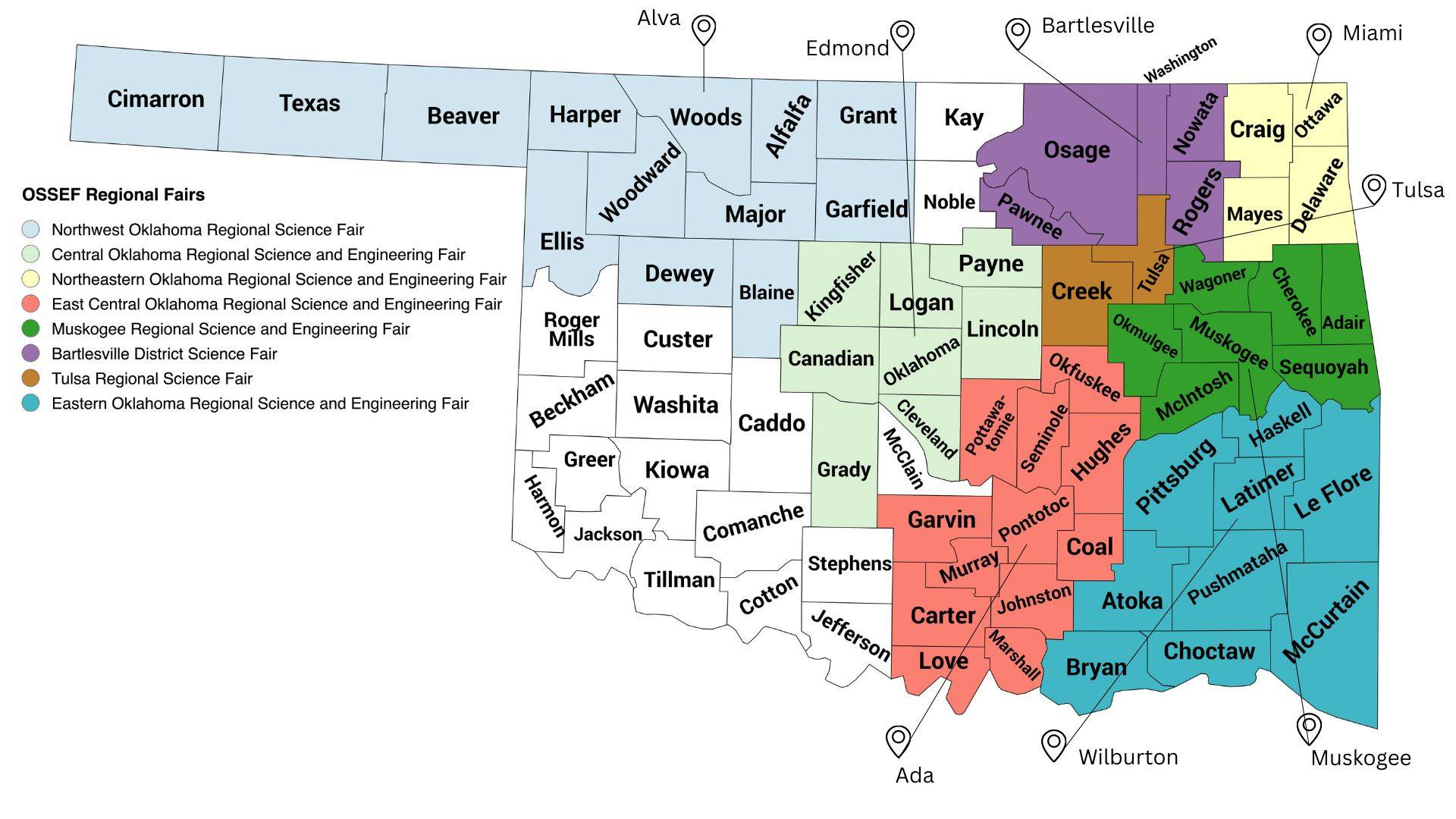 map of regional science fairs in oklahoma